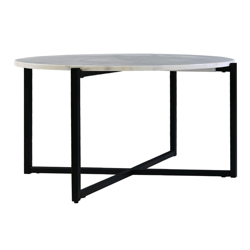 Ivy 30 Inch Marble Top Round Coffee Table with Metal Frame  White and Black