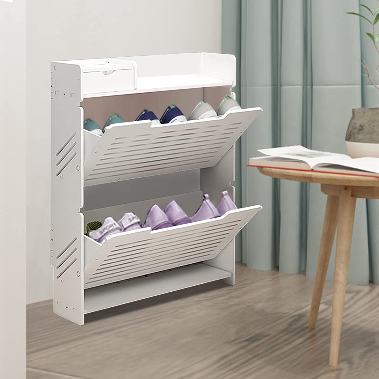 Miumaeov 2-Layer Drawers Shoe Cabinet Freestanding Shoe Rack Shoe Storage Ultra-Thin White