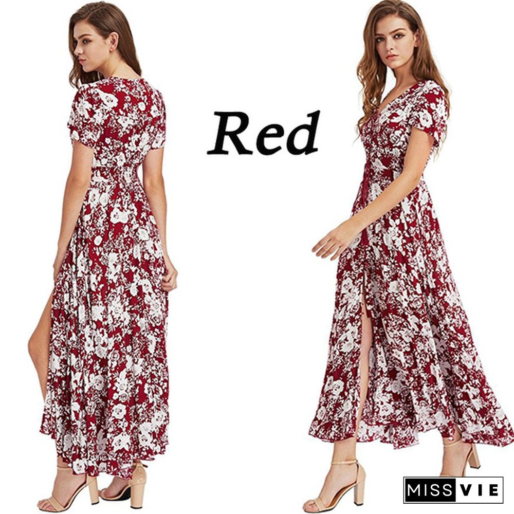 New Spring And Summer Women's Split Dress Printed Beach Dress Elegant Long Skirt Plus Size S-5Xl