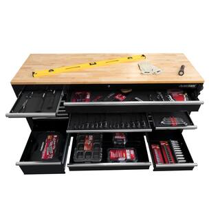 Husky 72 in. x 24.1 in. D 20-Drawer Mobile Workbench with Adjustable Height Solid Wood Top in Gloss Black HOLC7220B11M