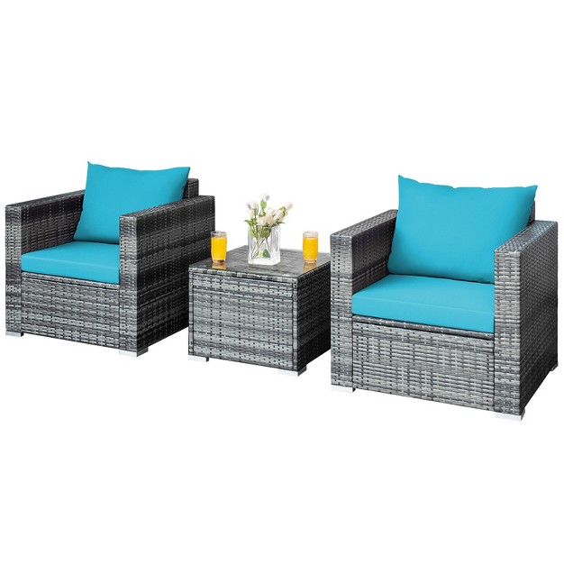 Tangkula 3pcs Patio Rattan Furniture Set Outdoor Bistro Set W washable Cushion For Garden Poolside Backyard Turquoise