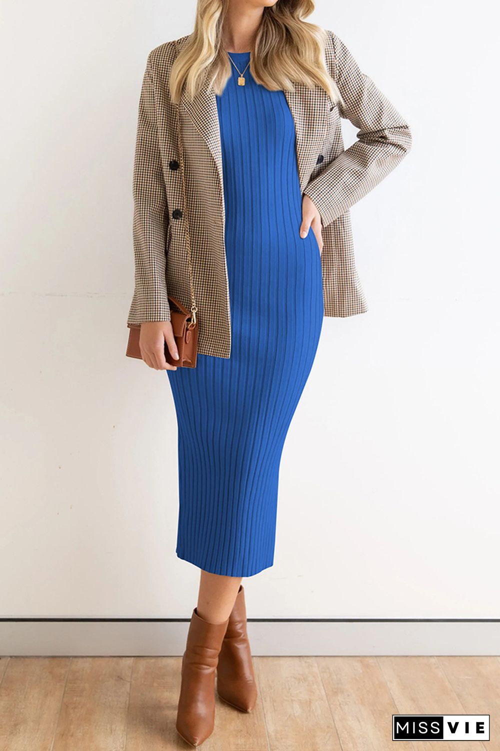 Plain Rib Knit Split Sleeveless Midi Dress