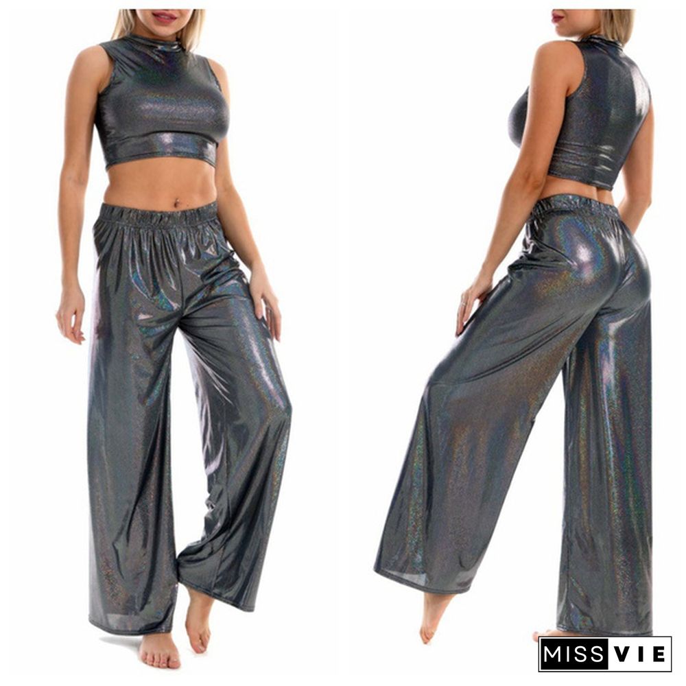 Two-Piece Outfit Women's Sleeveless Crop Top With Loose High Waist Wide Leg Pants Summer Casual Wear