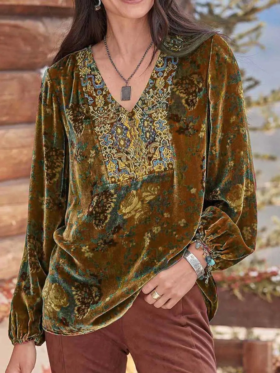 Casual Ethnic Floral Velvet Warm V-Neck Long Sleeve Blouse