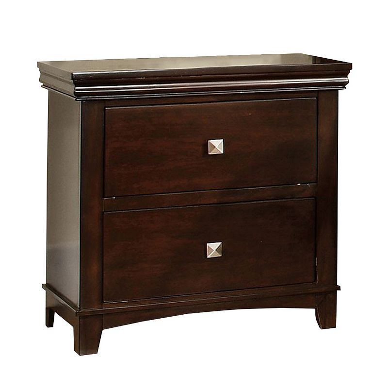 2 Drawer Wooden Nightstand with Metal Square Knobs， Espresso Brown