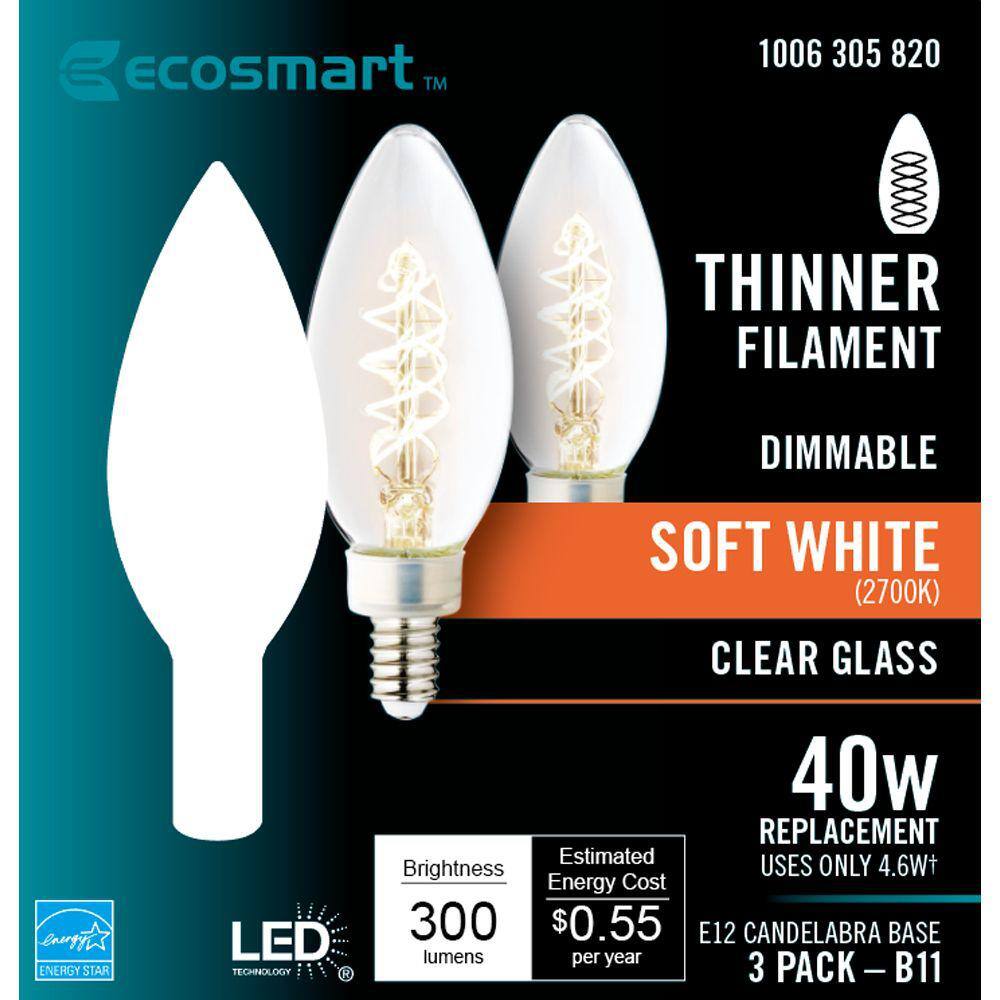 EcoSmart 40-Watt Equivalent B11 Dimmable E12 Candelabra Fine Bendy Filament LED Vintage Edison Light Bulb Soft White (3-Pack) B11C5E12827S