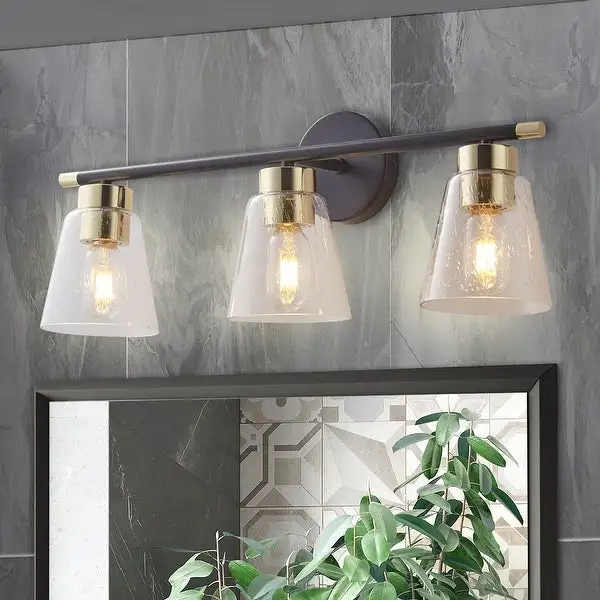 ExBrite 3-light Bathroom Dimmable Gold Vanity Lights Modern Wall Sconce Lighting with Seeded Glass