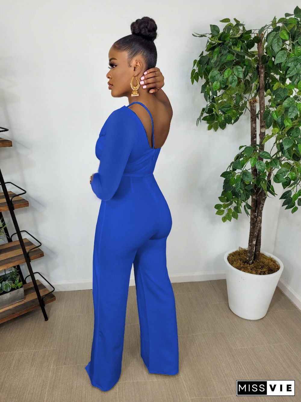 Elegant One Shoulder Long Sleeve Straight Jumpsuit