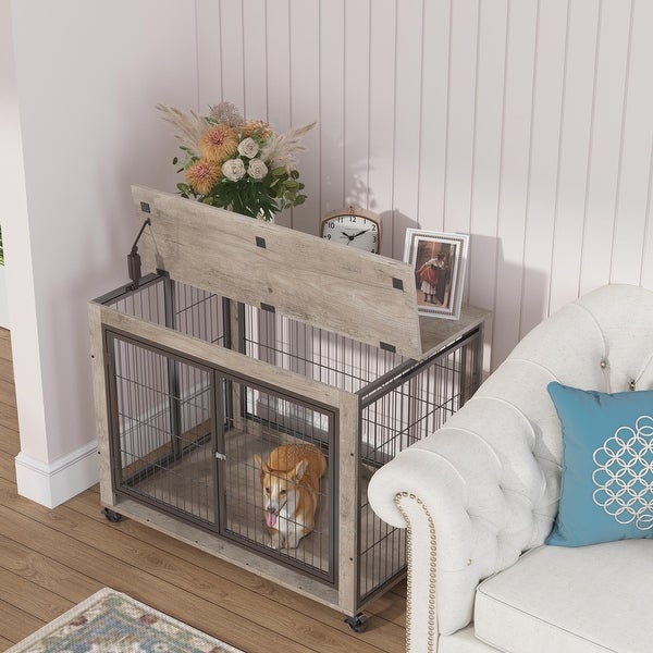 Side Table Dog Cage with Double Doors on Casters