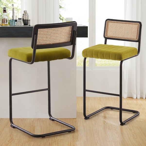 Modern Velvet Upholstered Bar/Counter Stools with Rattan Backrest