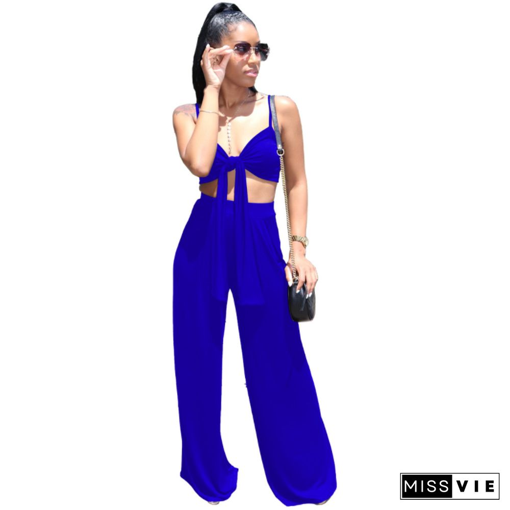 Sexy Solid Color Spaghetti Straps Bandage Wrap Chest Crop Top Loose Long Pants Two Piece Set