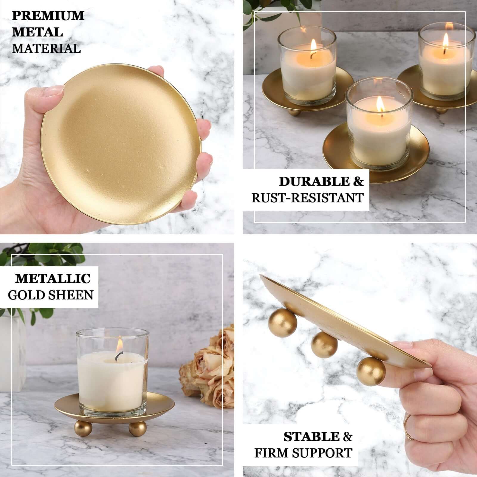 3 Pack Gold Metal Plate Candle Holders, Decorative Pillar Candle Stands 4