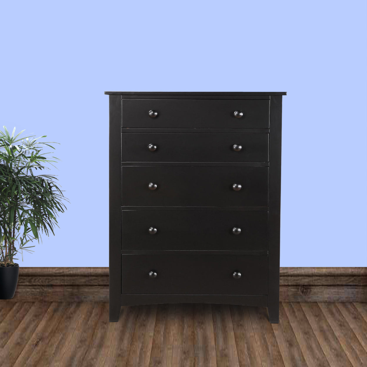 Pine Wood With Varied Size 5 Drawer Chest, Black- Saltoro Sherpi