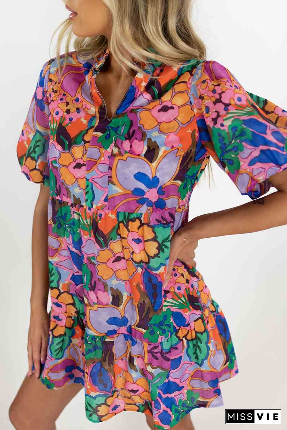 Multicolor Floral Print V Neck Puff Sleeve Mini Dress