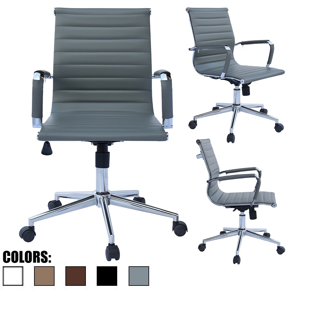 Mid Back PU Leather Executive Office Chair Ribbed Tilt Conference Room Boss Home Work Desk Task Guest With Arms