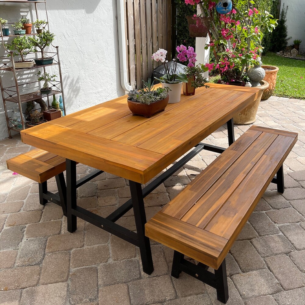 3PCS Outdoor Patio Dining Table Set Acacia Wood with 1 Rectangular Picnic Coffee Table and 2 Benches