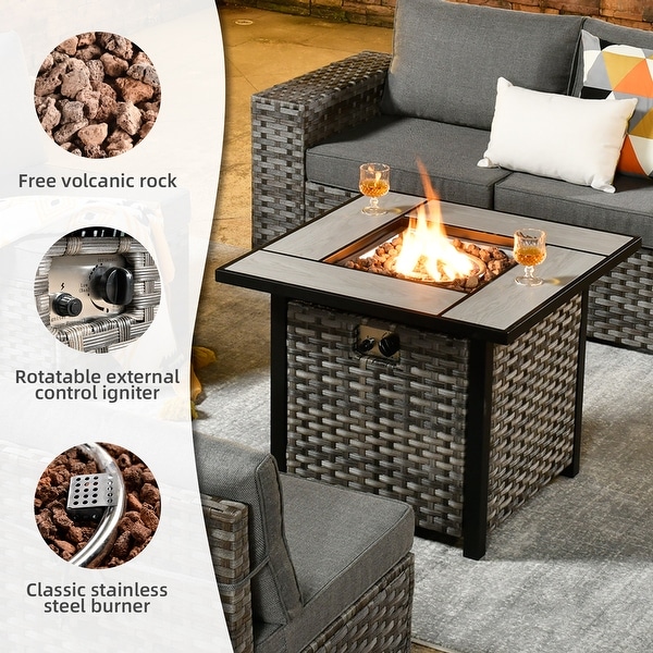 OVIOS Patio Wicker Furniture Wide Arm 7piece Fire Pit Set with Table