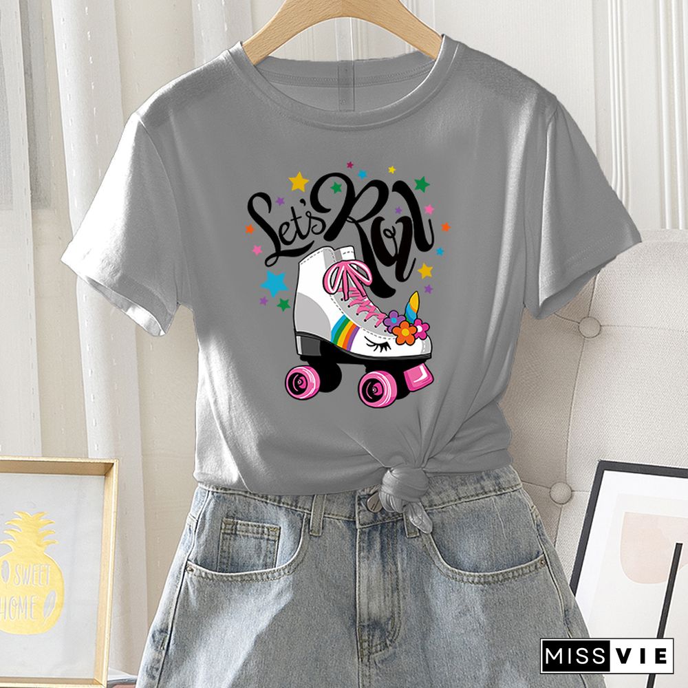 Summer Casual Women T-shirt Graphic Fashion Vintage Short Sleeve Letter Star Skate Print Ladies Regular T Shirt O-Neck Tees Tops