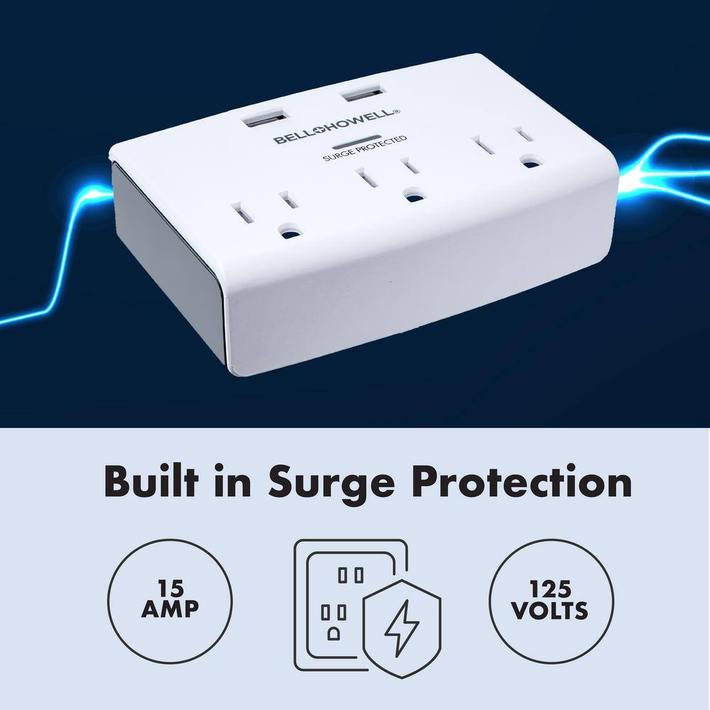 Bell + Howell Socket Power 3 Power-Outlets2 USB Ports Surge Protection Wall Adapter Tap with Docking Shelf 8531