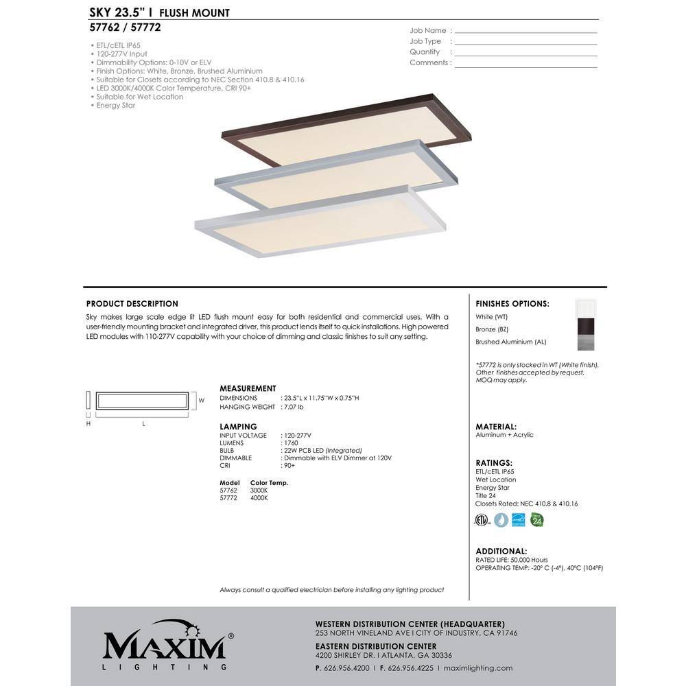 Maxim Lighting Sky 11.75 in. White Integrated LED Flushmount Light 57762WTWT