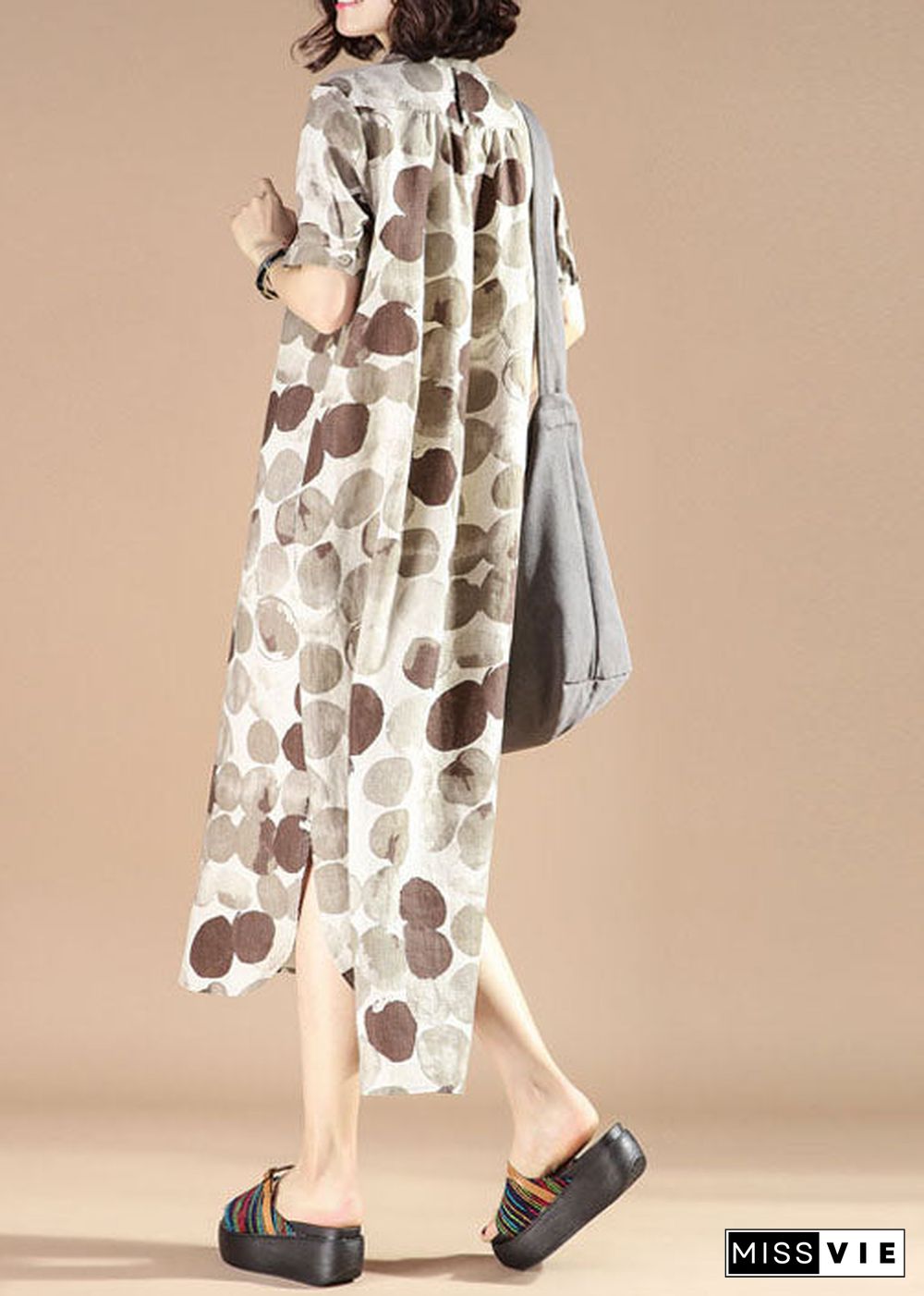 Organic Grey Stand Collar Print Patchwork Linen Dresses Summer