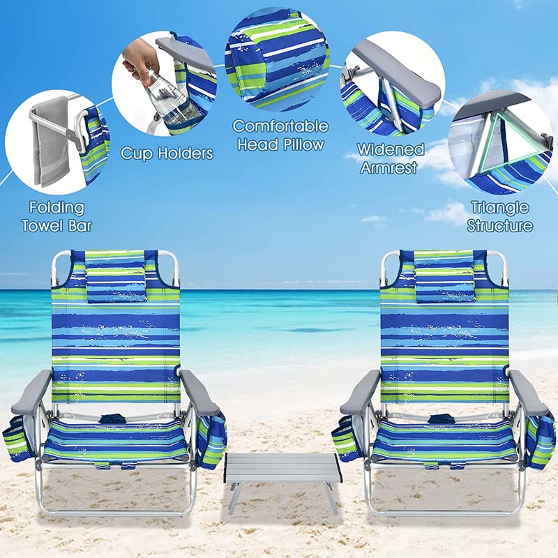 2 Pack 5-Position Outdoor Folding Backpack Beach Chair & Table Set, Patio Lawn Camping Chair Beach Sling Chair