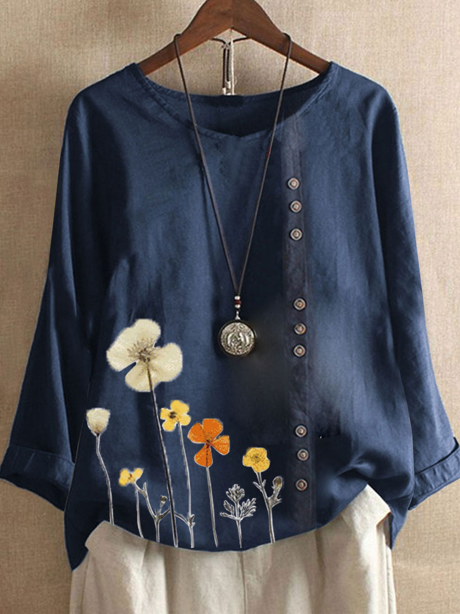 Floral Print Round Neck Cotton And Linen Long Sleeve Blouse