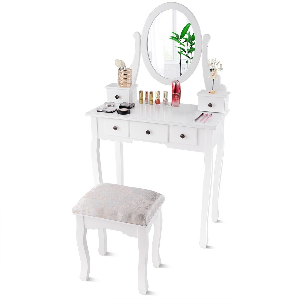 Costway Makeup Desk Vanity Dressing Table Oval Stool 5 Storage Drawers