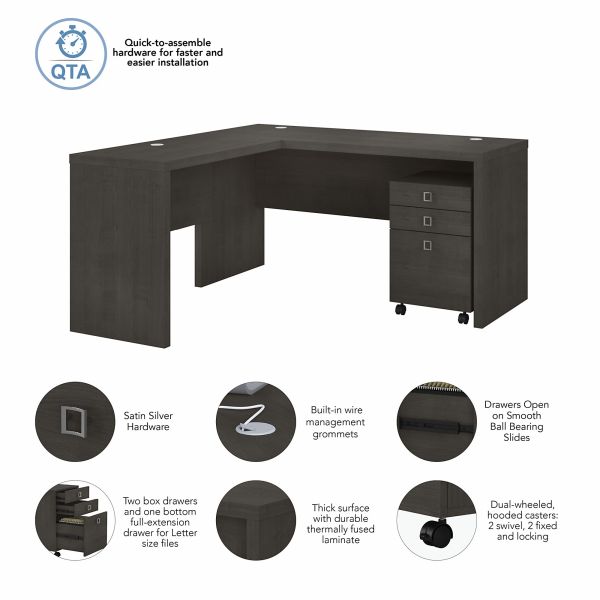 Office by kathy ireland Echo L Shaped Desk with Mobile File Cabinet in Charcoal Maple