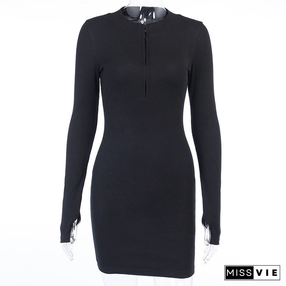 Zipper V-Neck Bodycon Dresses Sexy Long Sleeve Black Skinny Elastic Autumn Spring New Solid Fashion Women Party Dress