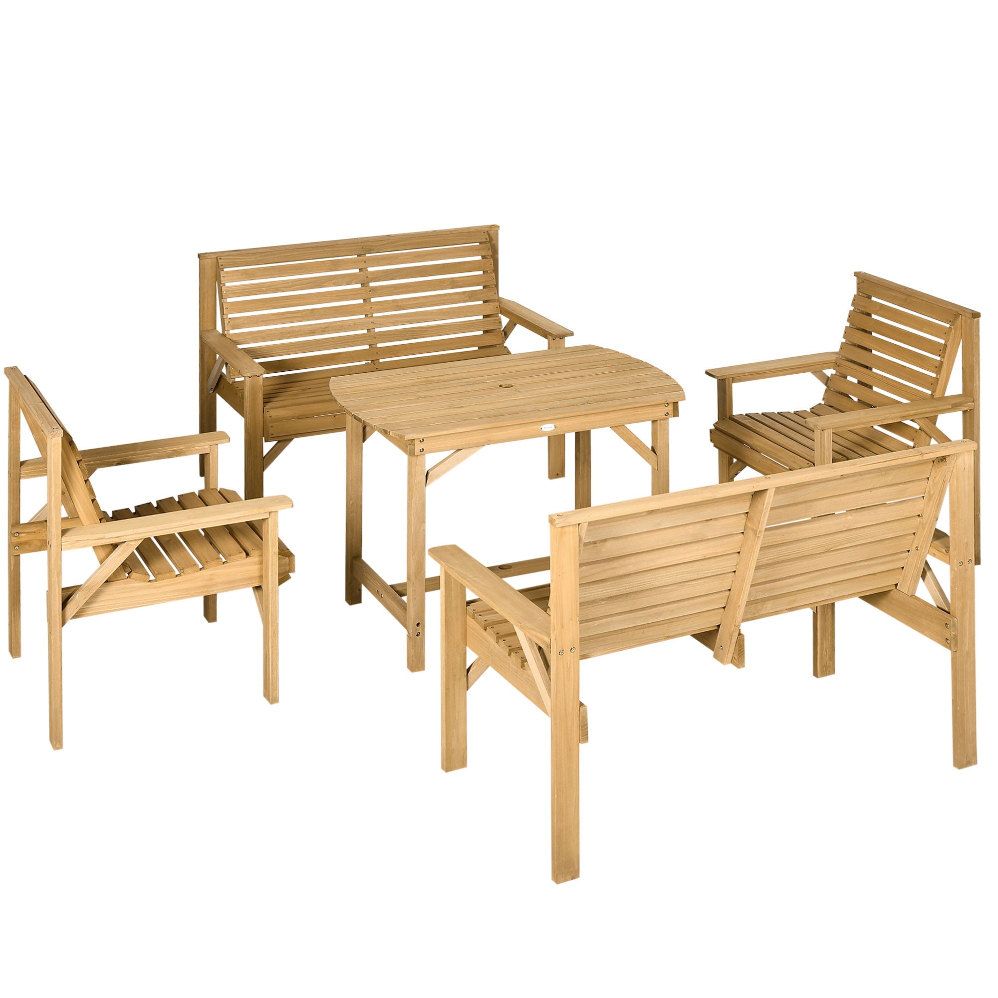 Outsunny 5 Piece Patio Dining Set Table and Chairs, 2 Chairs, 2 Loveseats, & Dining Table w/ Umbrella Hole, Wooden Outdoor Table and Chairs Conversation Set for Backyard, Pool, Garden, Brown