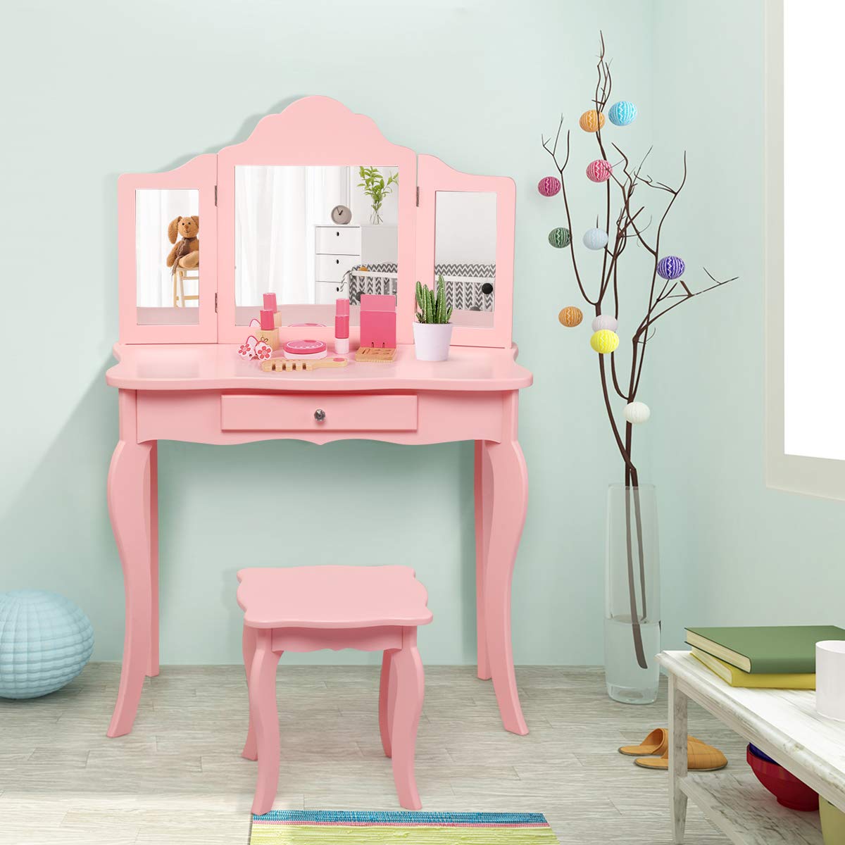 Costzon Kids Wooden Vanity Table & Stool Set, 2 in 1 Detachable Design with Dressing Table and Writing Desk (Pink)