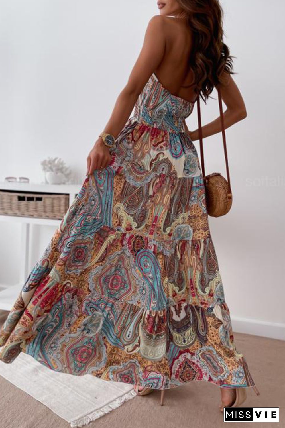 Fashion Print Split Joint Halter Waist Skirt Dresses