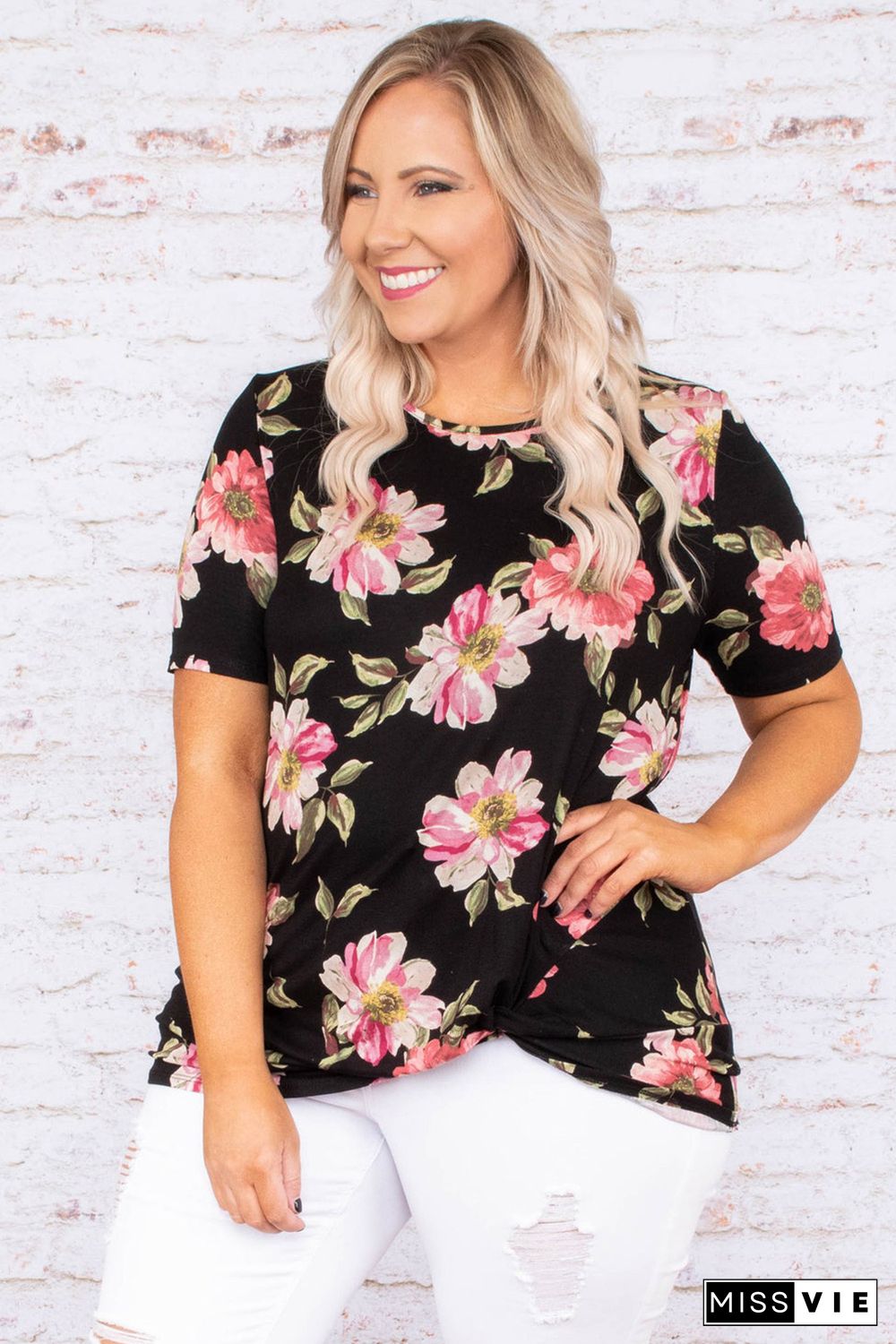 Black Plus Size Floral Print Twist Knot Top