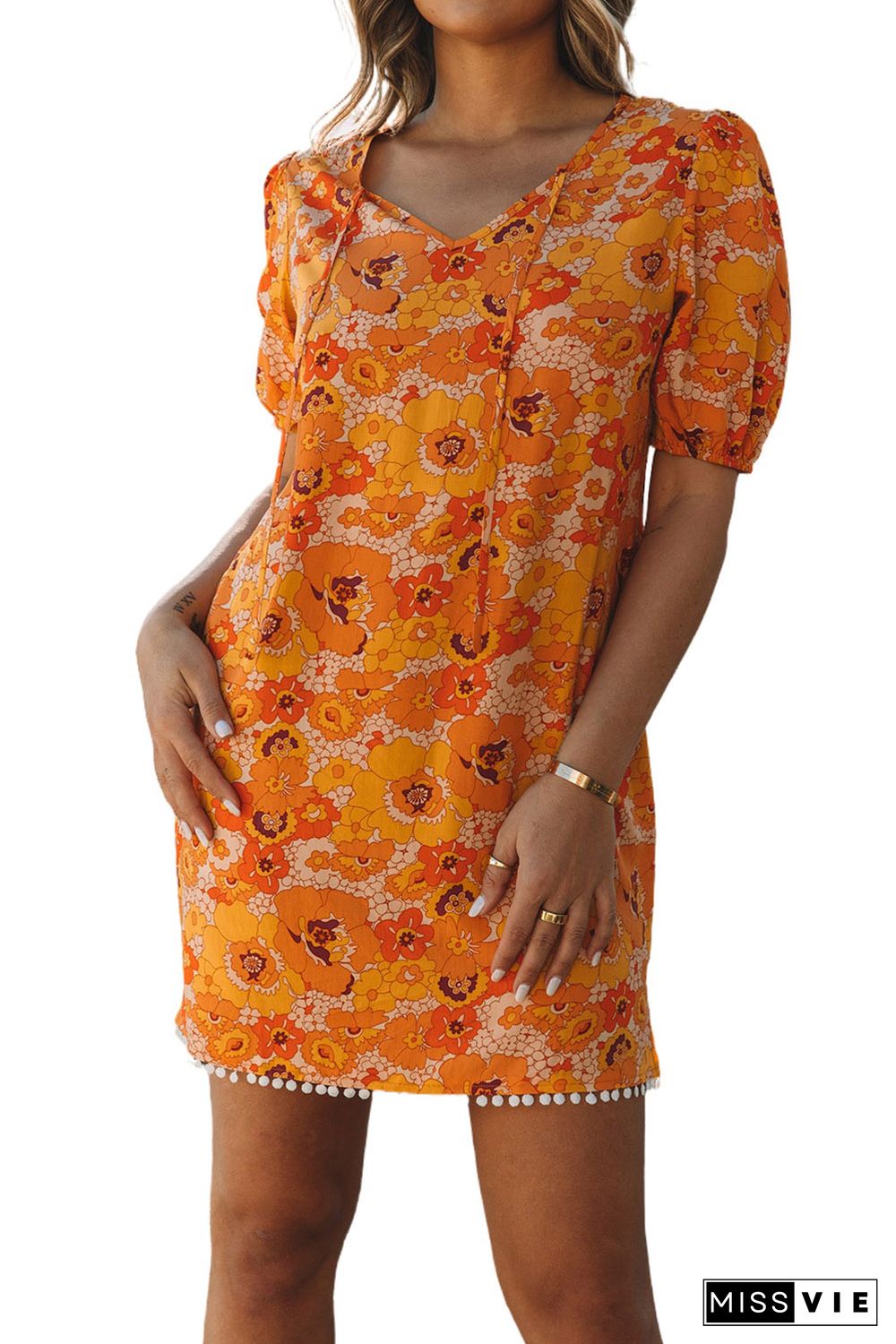 Yellow Puff Sleeve Floral Dress with Pompom Trim