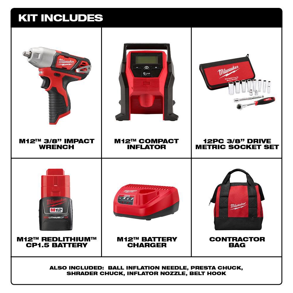 MW M12 3/8 in. Impact Wrench Kit with Inflator 2463-21RS from MW