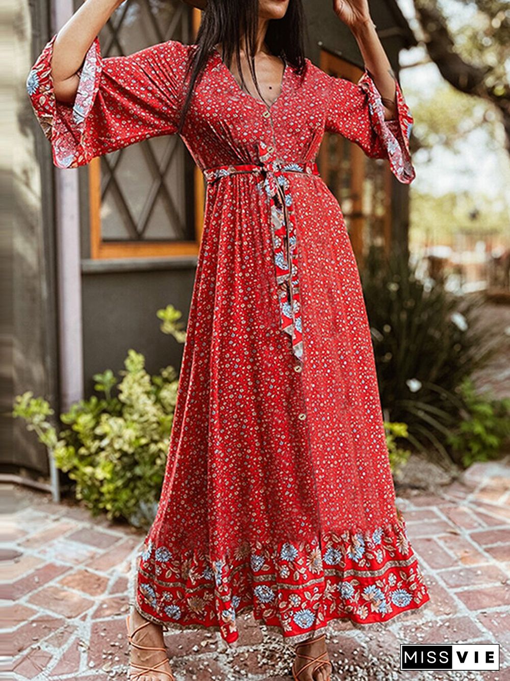 Bohemian Floral Print Belt Ruffle Sleeve Maxi Dress