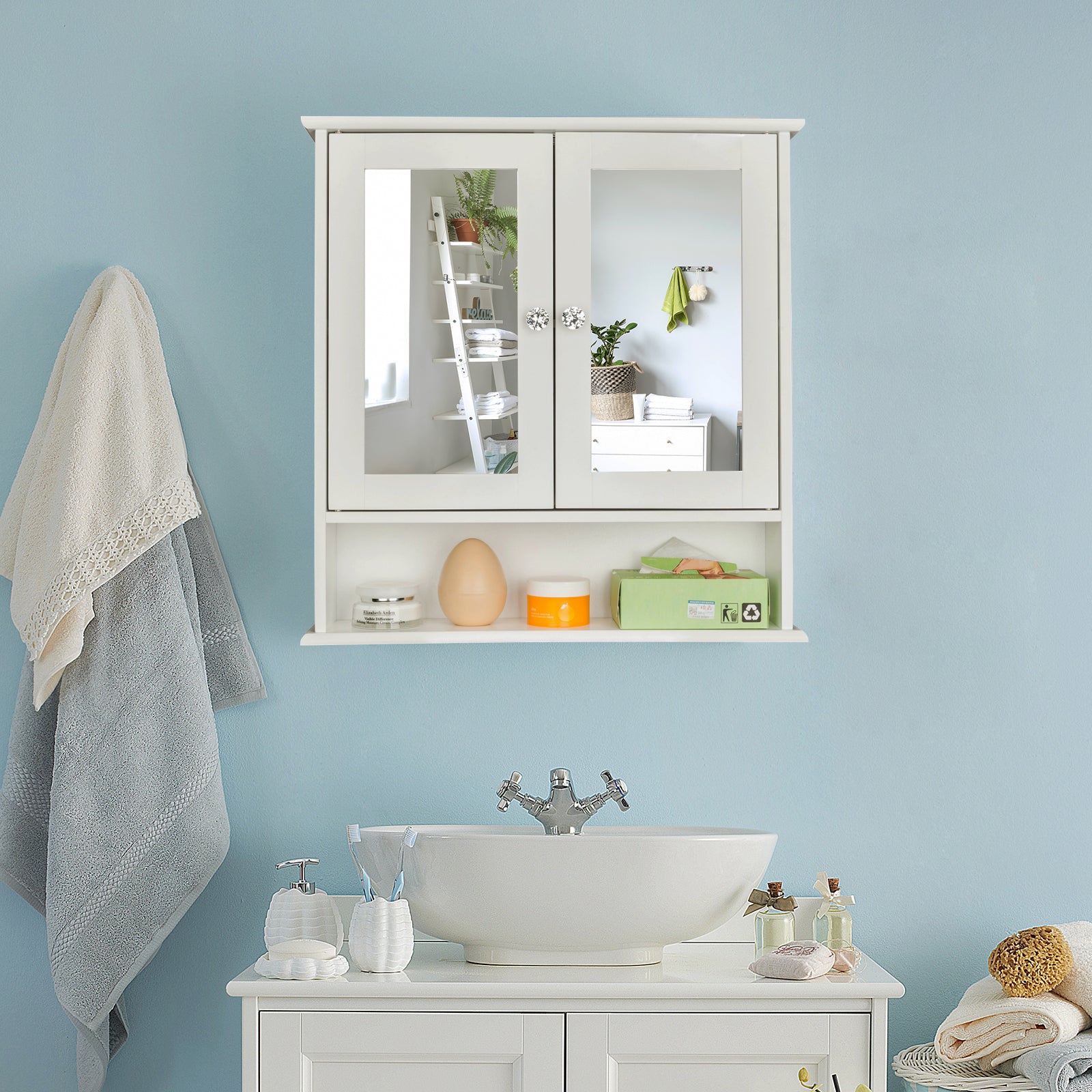 Ktaxon Bathroom Wall Cabinet Kitchen Medicine Cabinet Storage Cabinet with 2 Mirror Doors and Shelves, White Finish