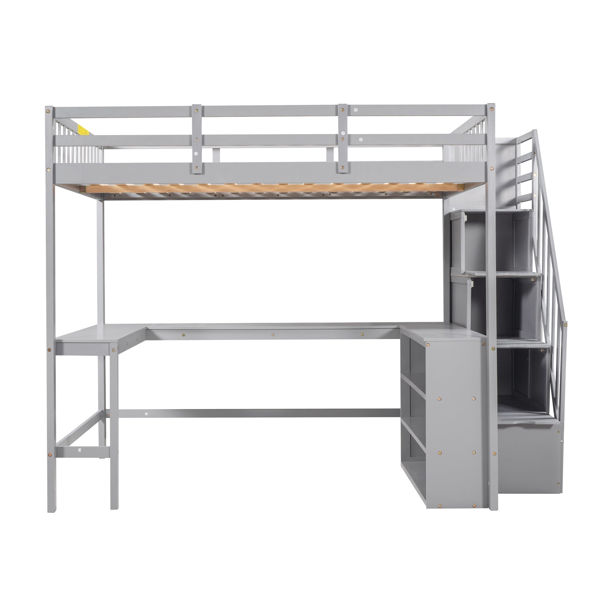 Wood Full Loft Bed with Desk, Shelf and Storage Staircase for Kids, Gray