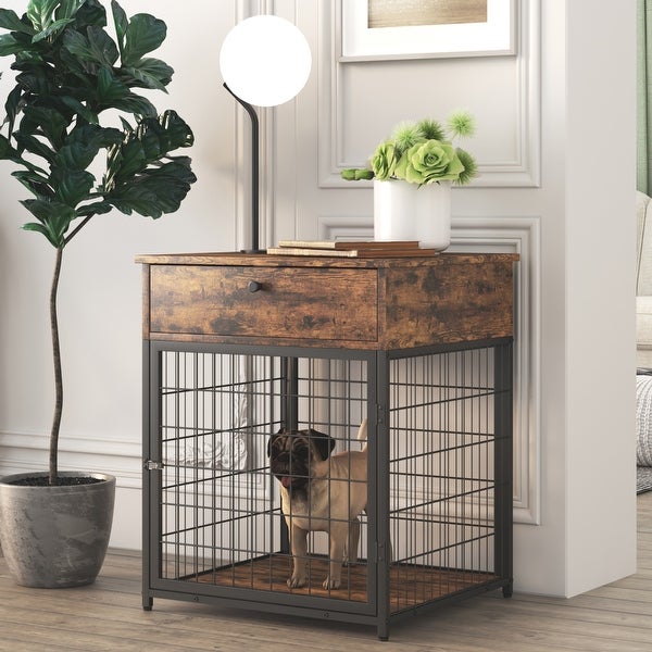 Furniture Style Wood，with Dog Crate，End Table with Storage Console(Rustic Brown; 19.69''w x 22.83''d x 26.97''h) - 26.97