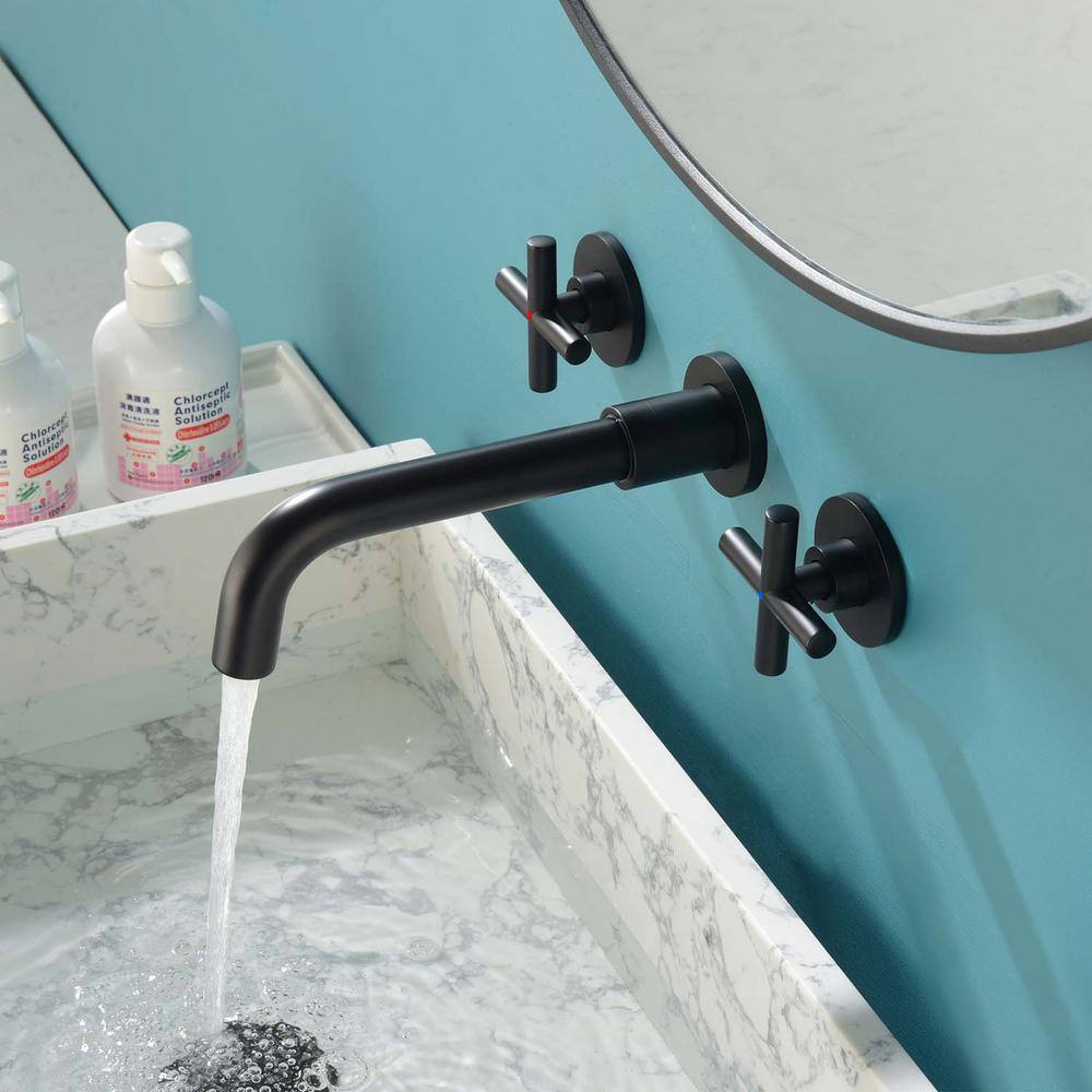 GIVING TREE Double-Handle Wall Mounted Faucet with HotCold Indicators Included Valve Supply Lines in Matte Black RMHDFAUC0048