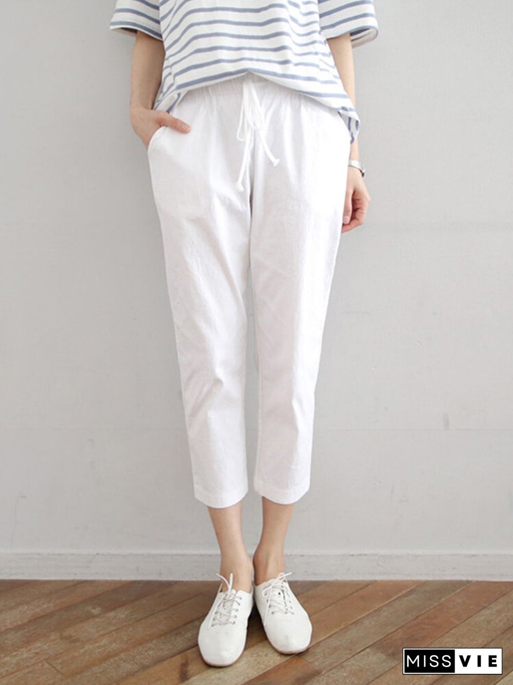 Leisure Solid Drawstring Pocket Cotton Pants