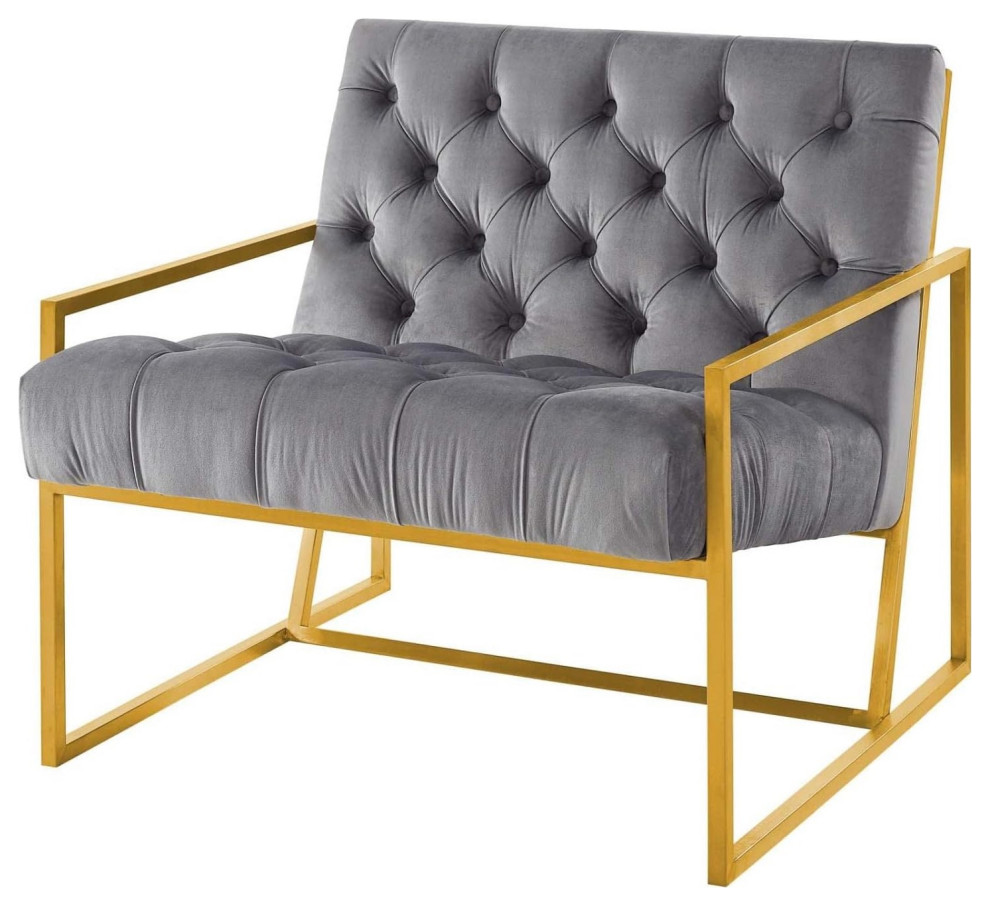 Modern Accent Chair  Gold Stainless Steel Frame With Velvet Button Tufting  Gray   Traditional   Armchairs And Accent Chairs   by Declusia  Houzz