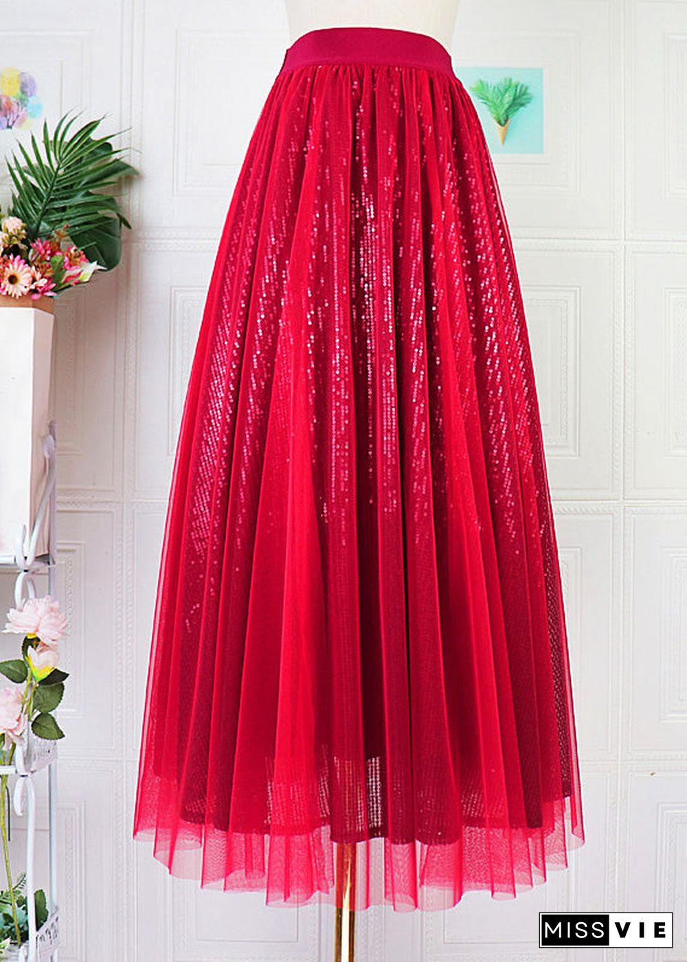 DIY Mulberry Elastic Waist Sequins Tulle A Line Skirt Spring