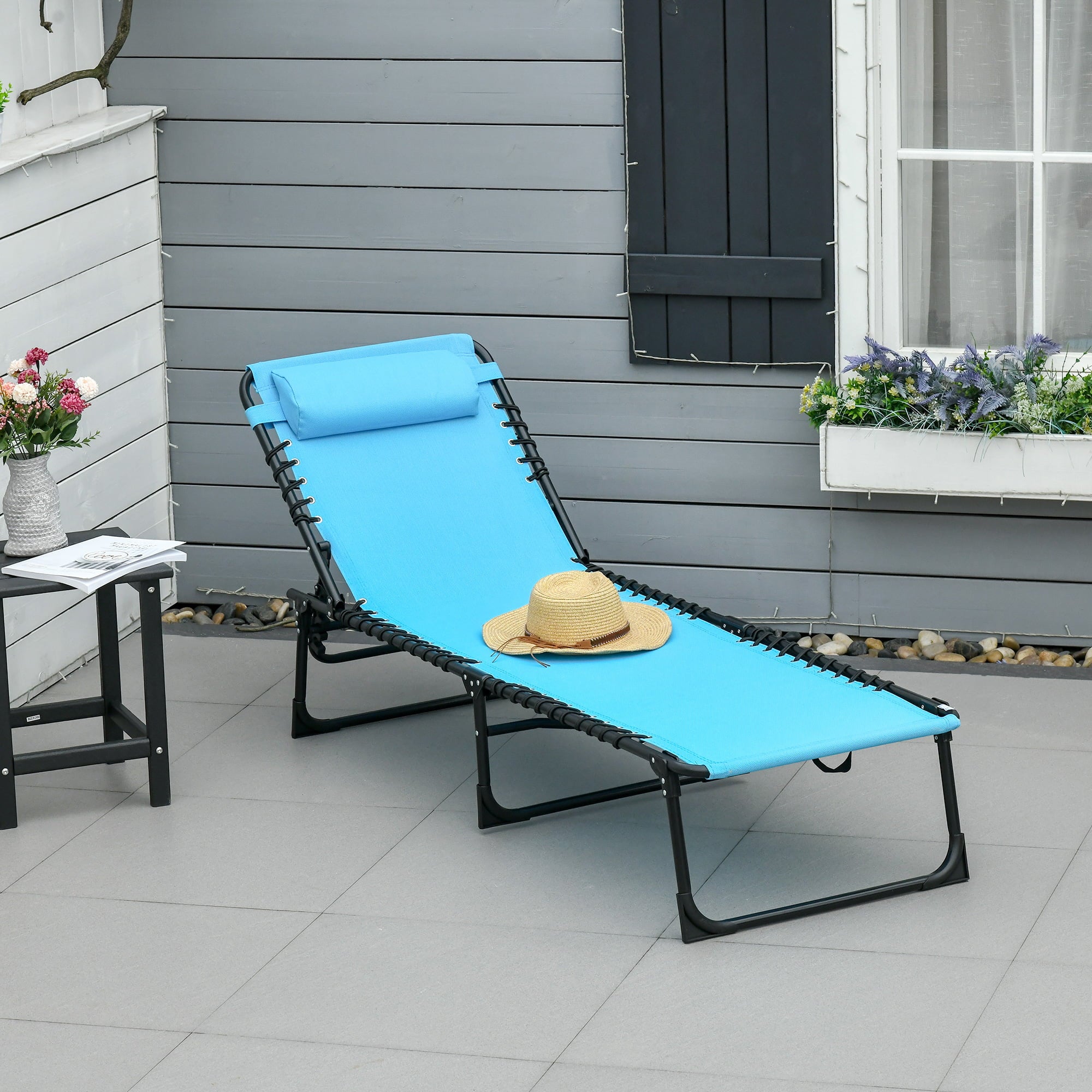 Outsunny Folding Chaise Lounge Pool Chairs, Outdoor Sun Tanning Chairs, Folding, Reclining Back, Steel Frame & Breathable Mesh for Beach, Yard, Patio, Blue