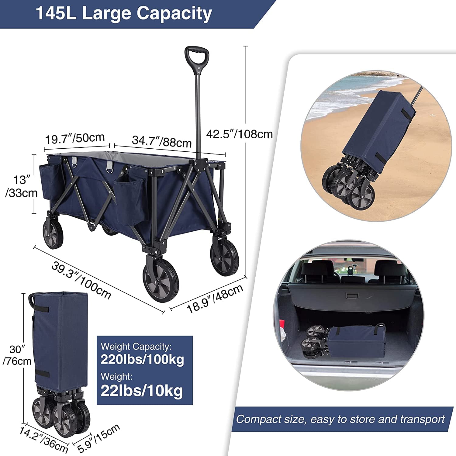 REDCAMP Folding Wagon Cart for Camping Heavy Duty Collapsible Utility Beach Wagon for Sand with Cup Holders, Blue