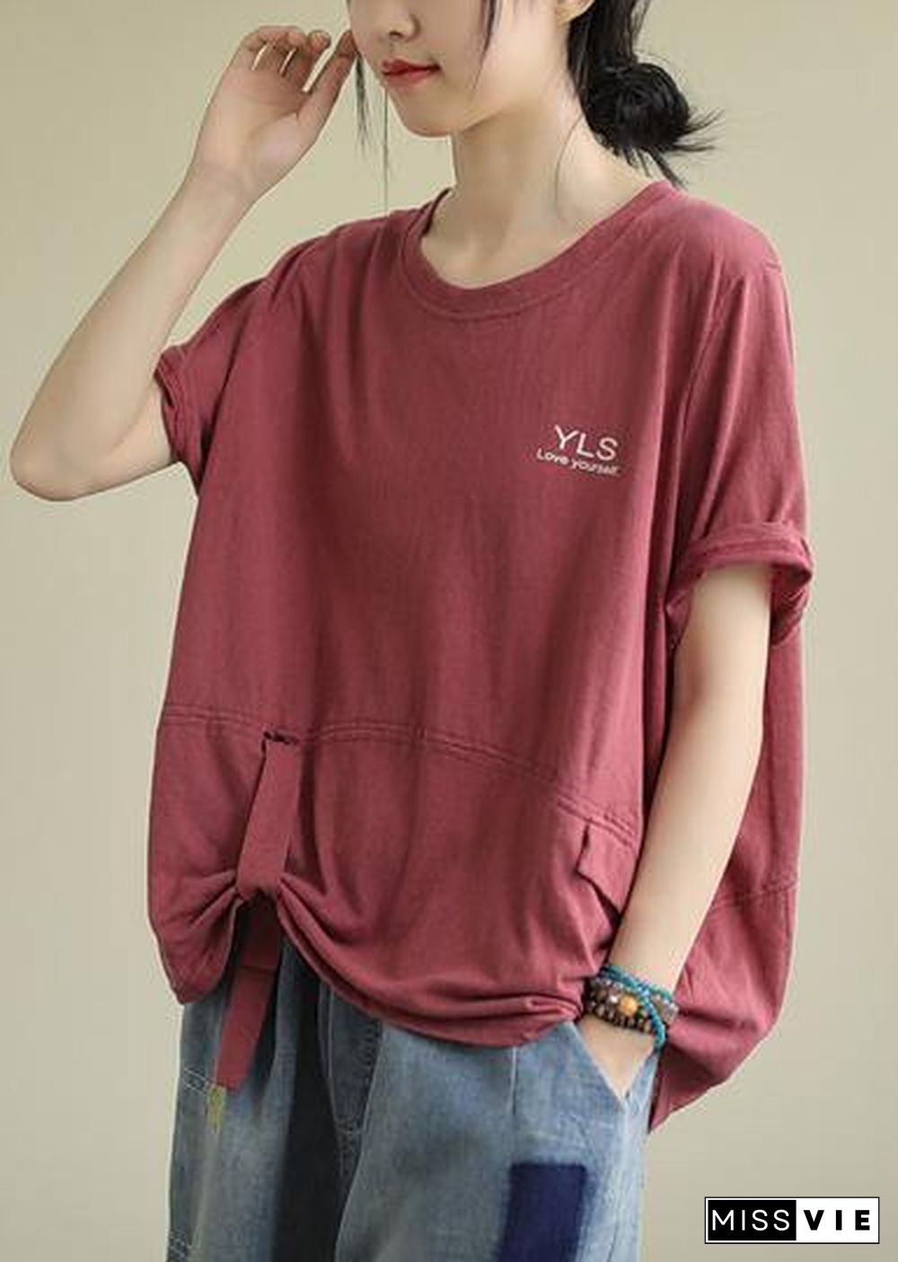 Beautiful o neck Letter cotton shirts Fashion Ideas red top