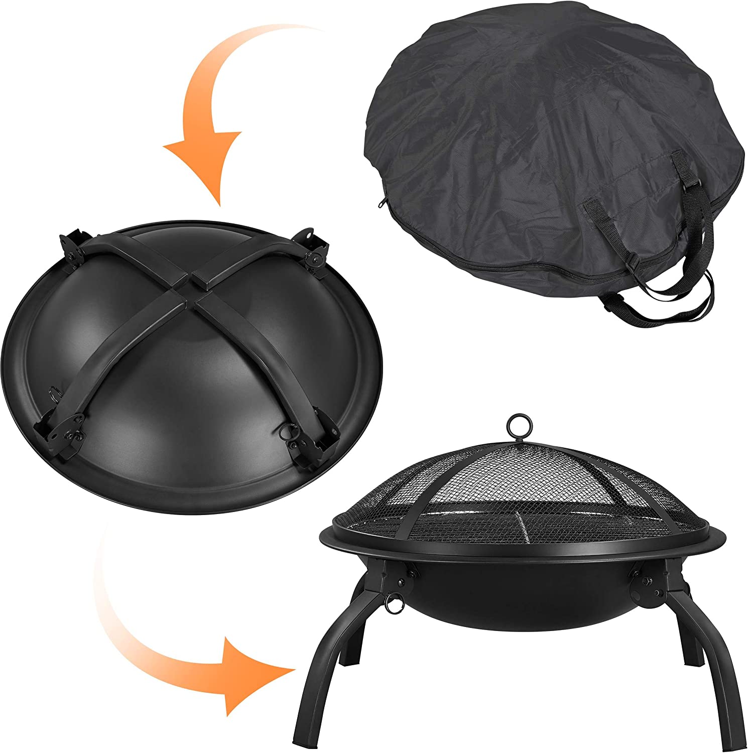 21inch Firepit Portable Folding Steel Fire Bowl Garden Treasures Fire Pit Wood Burning Outdoor Fireplace with Spark Screen, BBQ Grill, Log Grate & Carrying Bag for Patio Backyard Camping