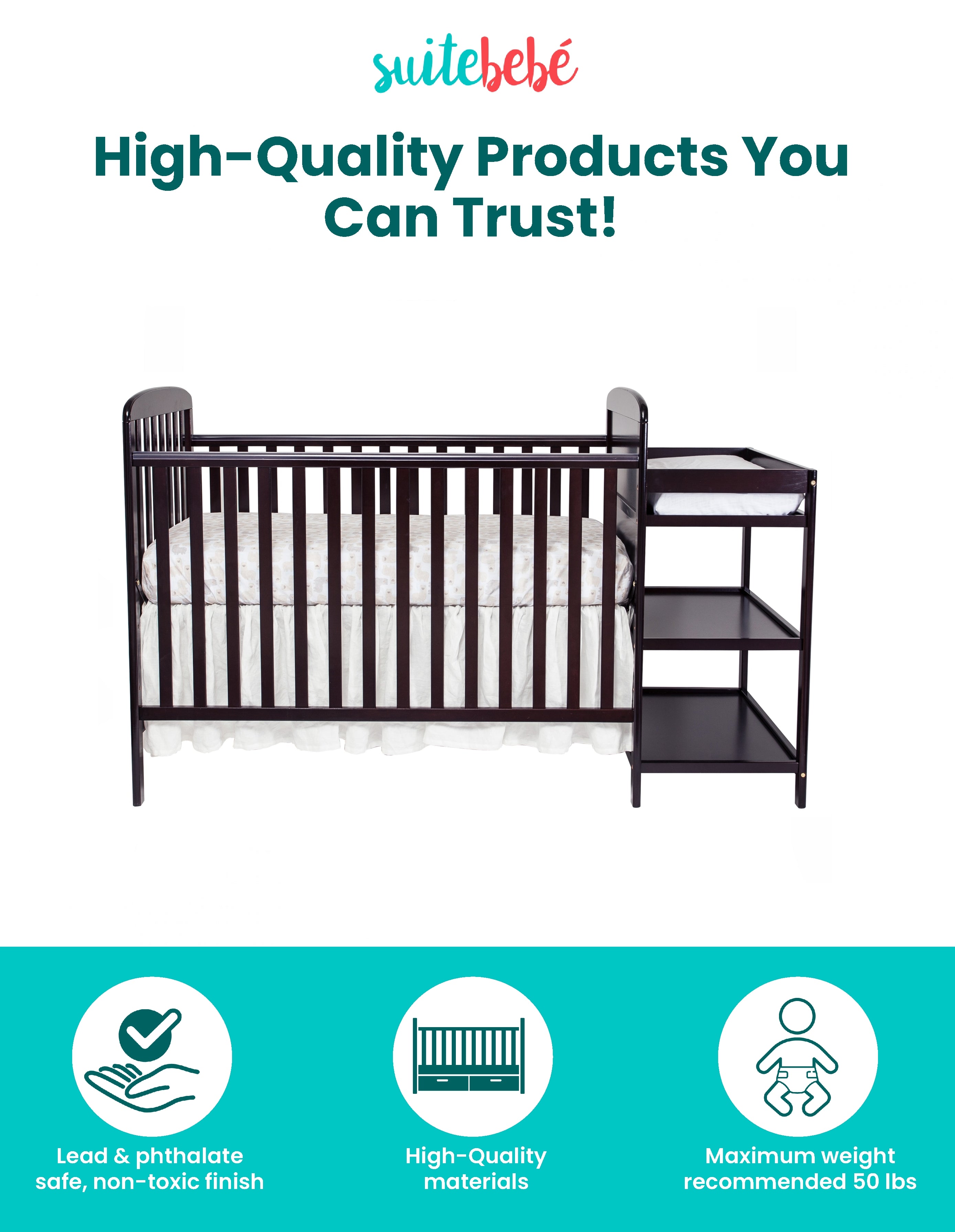 Suite Bebe Ramsey Crib and Changer Combo & Guardrail Bundled Espresso