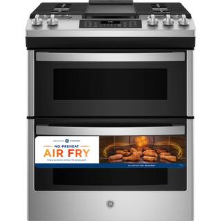 GE 30 in. 6.7 cu. ft. Slide-In Double Oven Gas Range in Stainless Steel with Griddle JGSS86SPSS